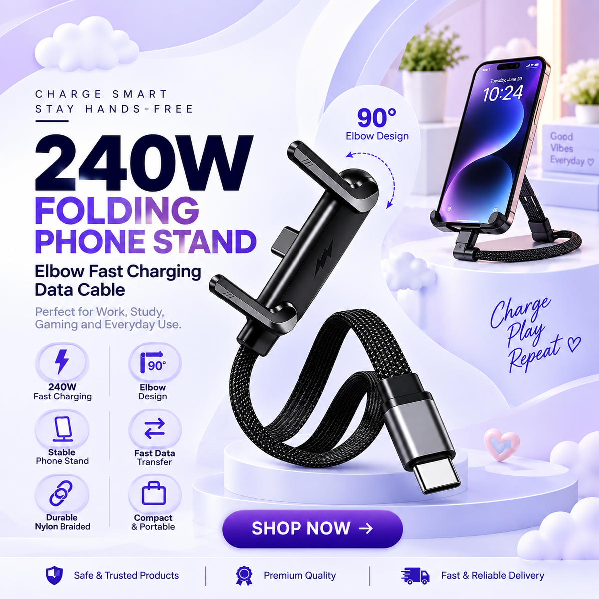 2-in-1 240W Fast Charging Cable with Stand