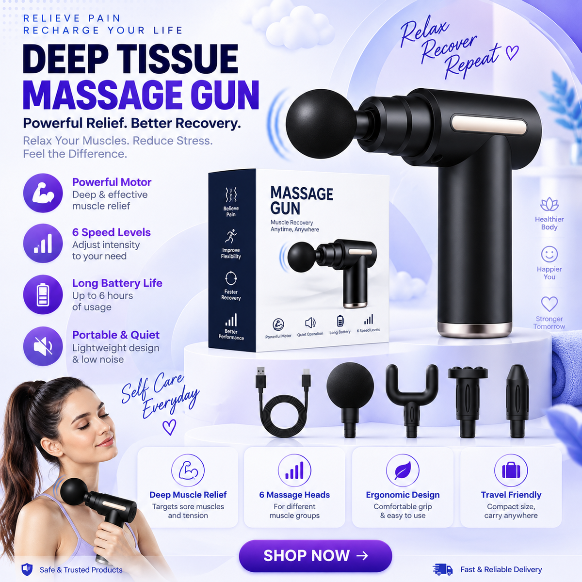 Powerful Deep Tissue Massage Gun – Multiple Attachments & Adjustable
