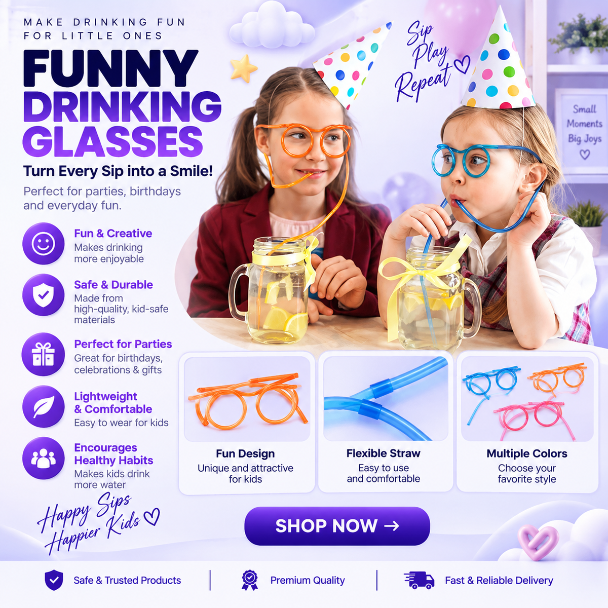 Funny Silly Straw Glasses Kids