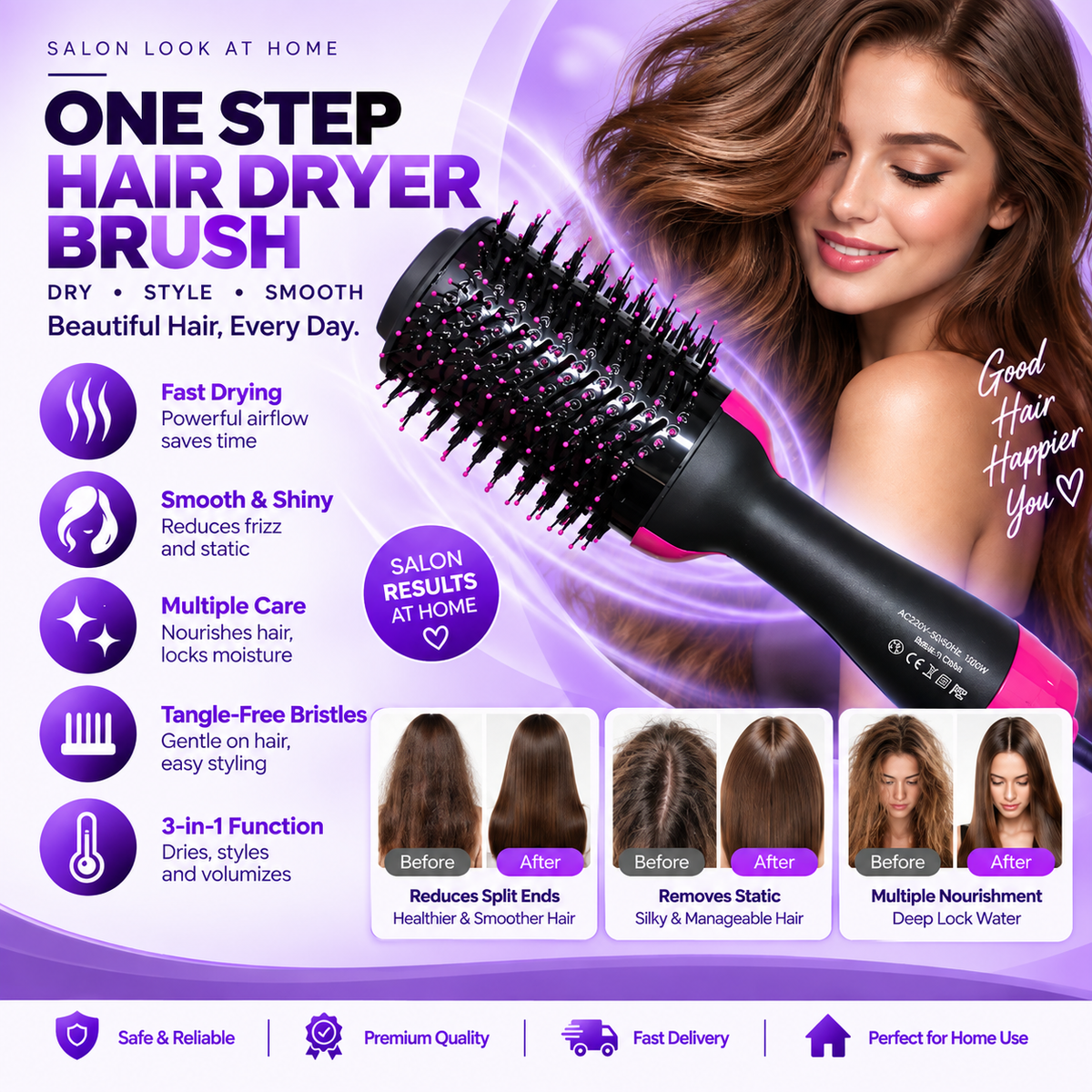 3-in-1 Hot Air Hair Brush – Ionic Dryer, Straightener & Volumizer
