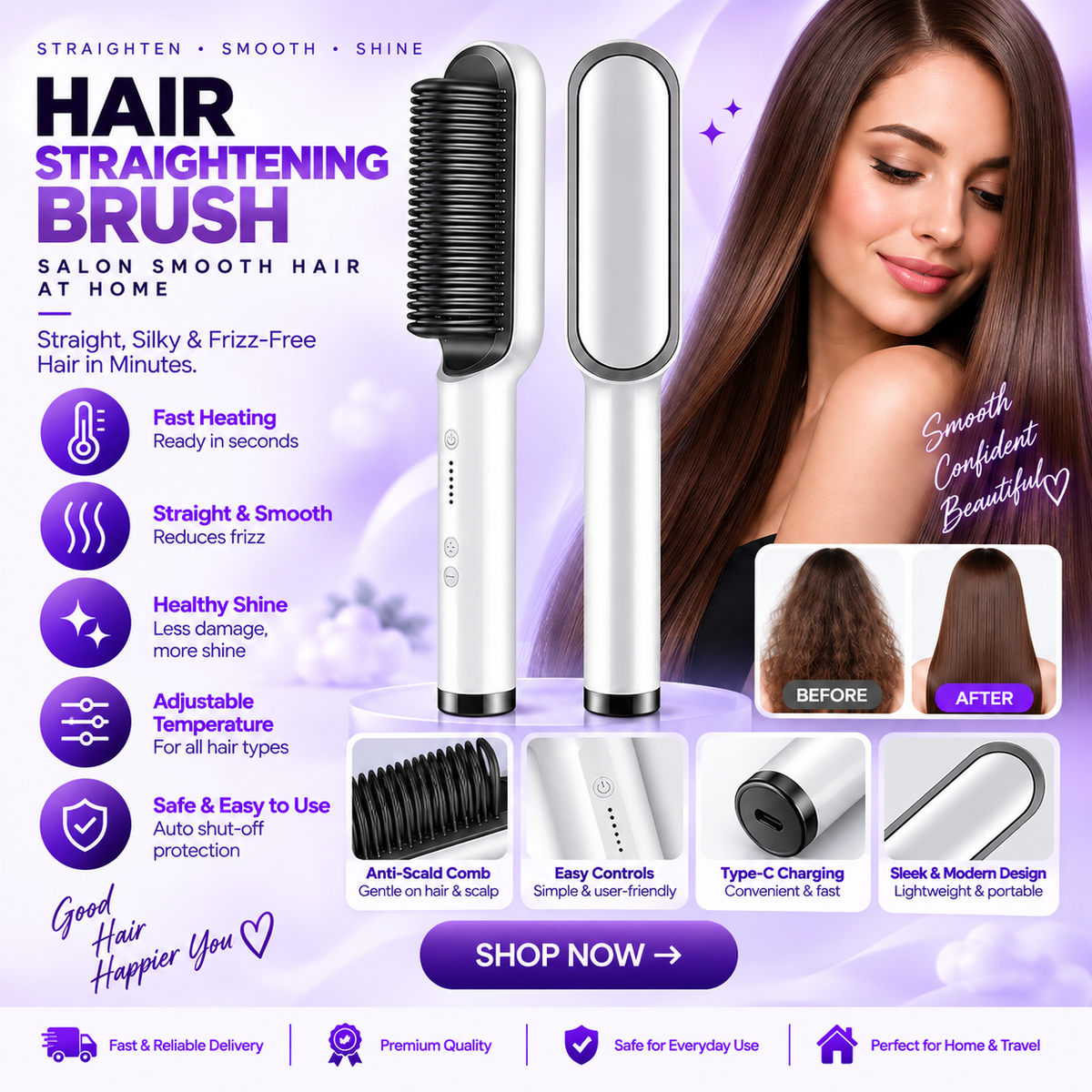 2-in-1 Hair Straightener & Curler Brush – Fast Heat Styling Comb