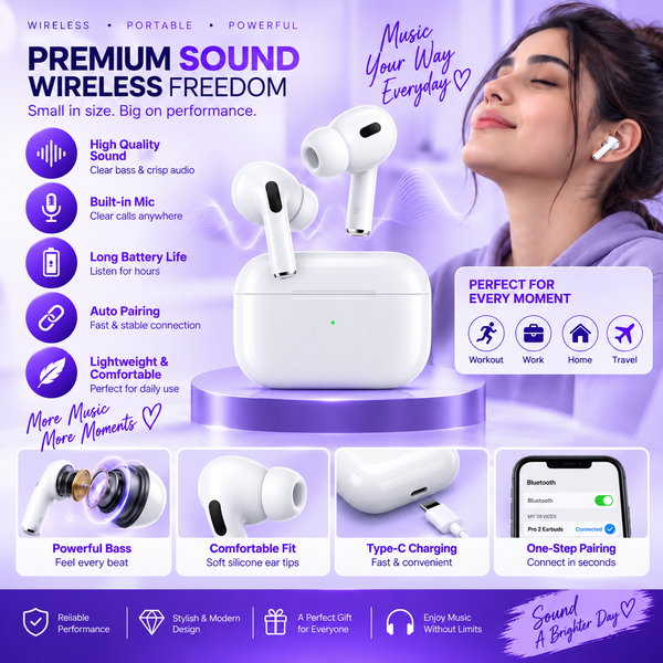 Pro 2 Wireless Bluetooth Earbuds Type-C Charging Earphones