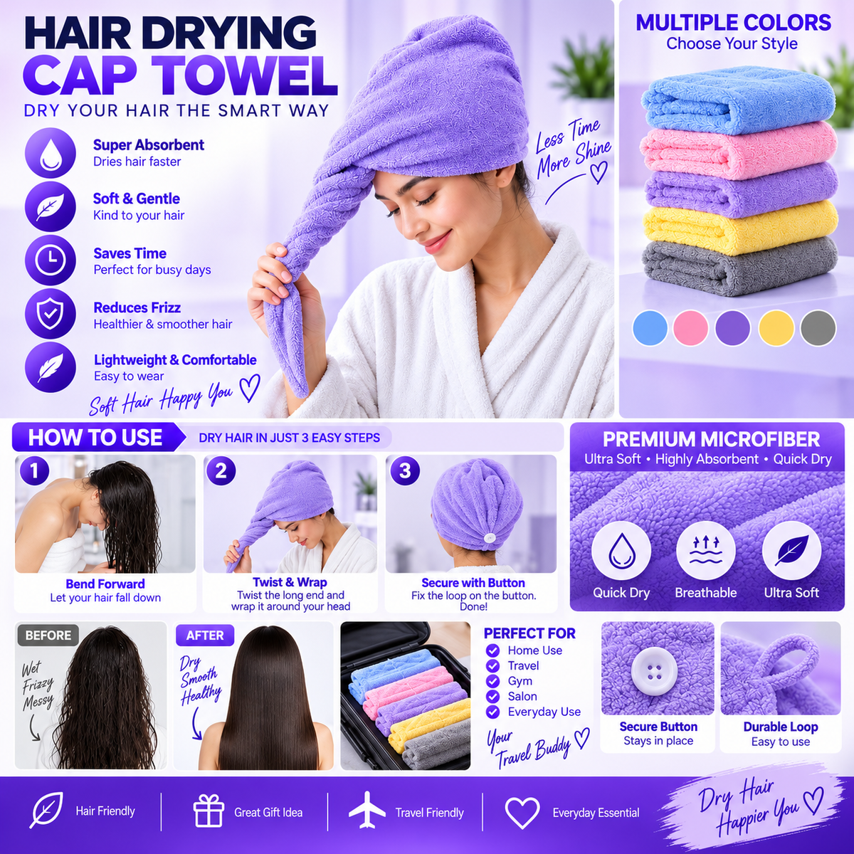 Microfiber Hair Dryer Wrap Towel for Women – Pack of 2